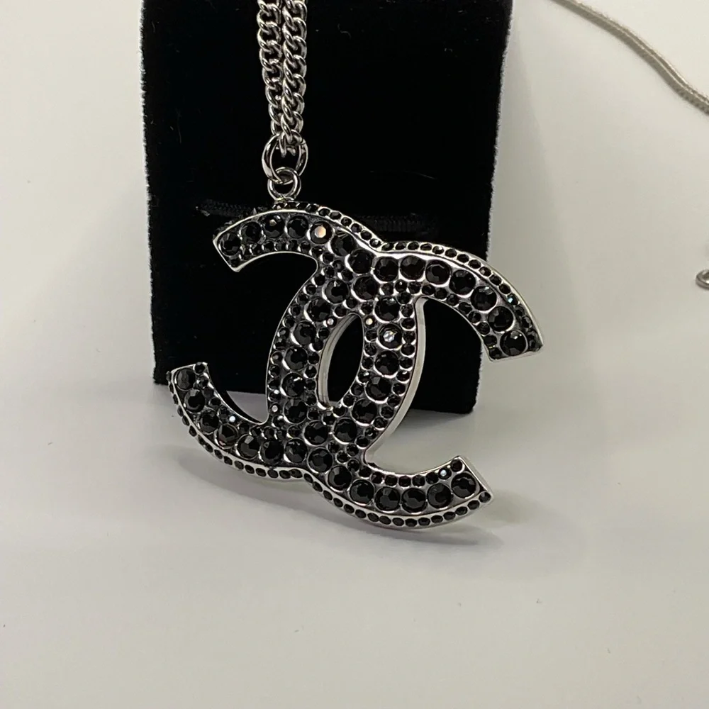 Chanel Silver and Black Rhinestone Pendant Necklace